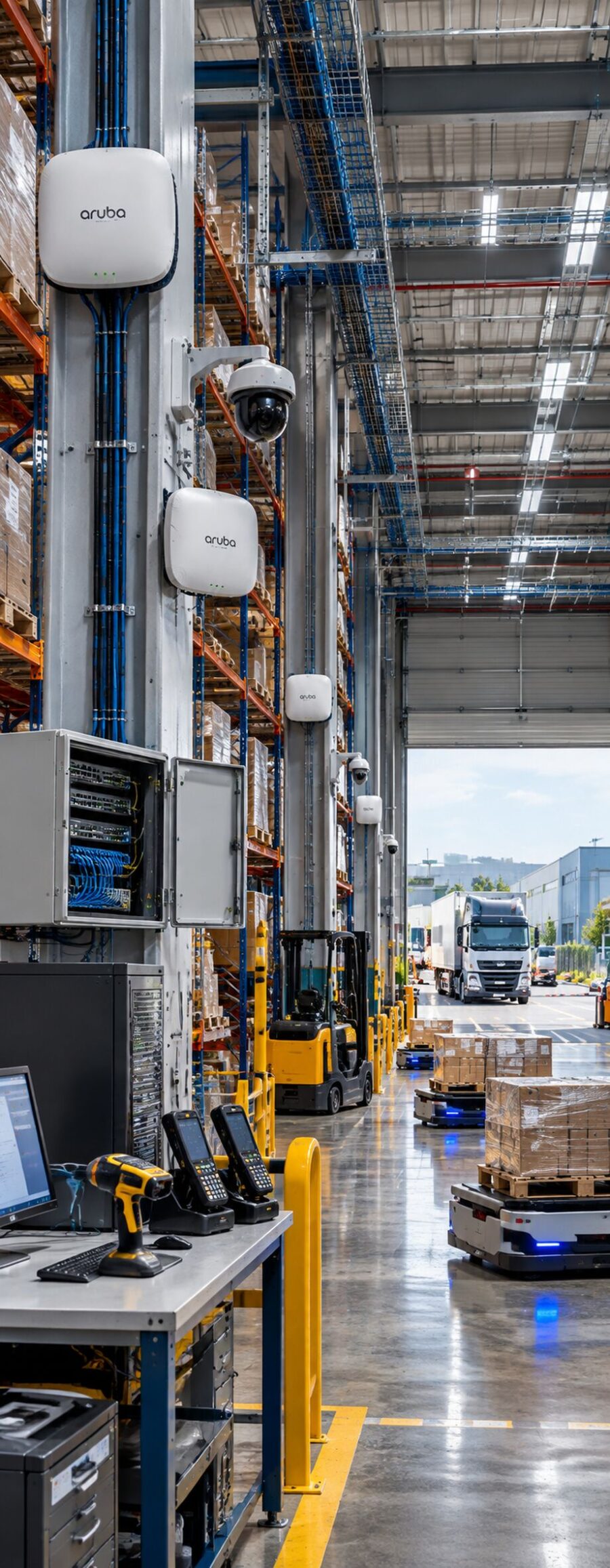 Warehouse WiFi and industrial network rack with Fortinet and Palo Alto firewalls inside a manufacturing plant data room