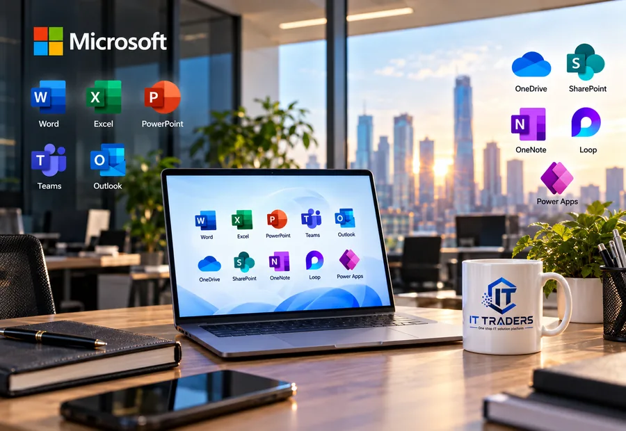 Microsoft 365 apps including Word, Excel, Teams, Outlook and SharePoint on a business laptop