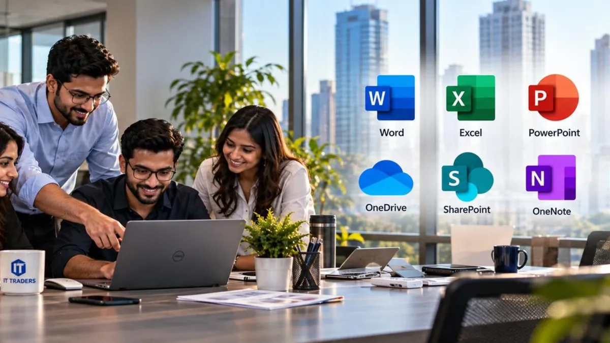 Business team collaborating on a laptop with Microsoft 365 apps Word, Excel, PowerPoint, Teams, OneDrive, SharePoint, OneNote and Outlook