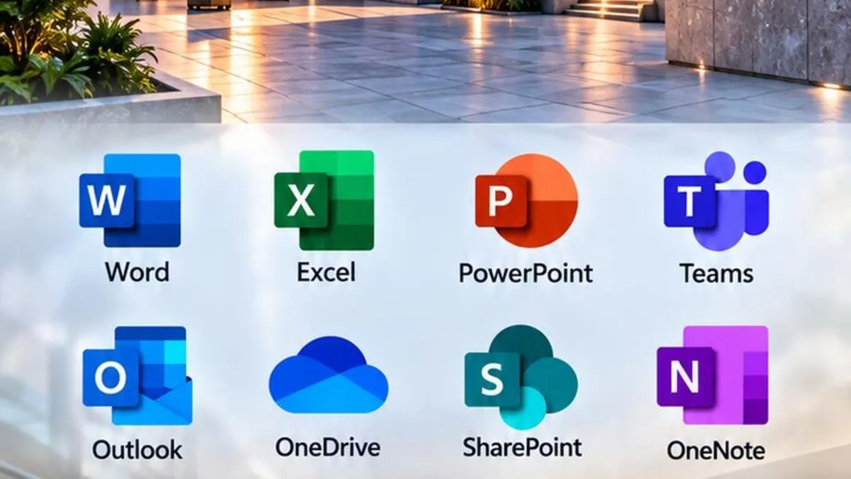 Microsoft office building with Microsoft 365 apps Word, Excel, PowerPoint, Teams, Outlook, OneDrive, SharePoint and OneNote and a team meeting