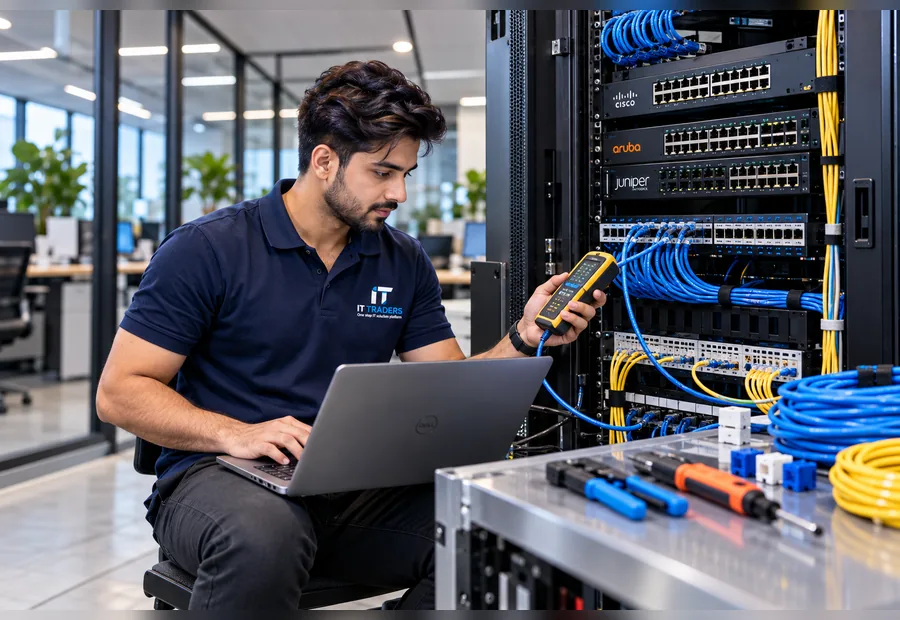 IT Traders network engineer testing structured cabling and switches in a network rack