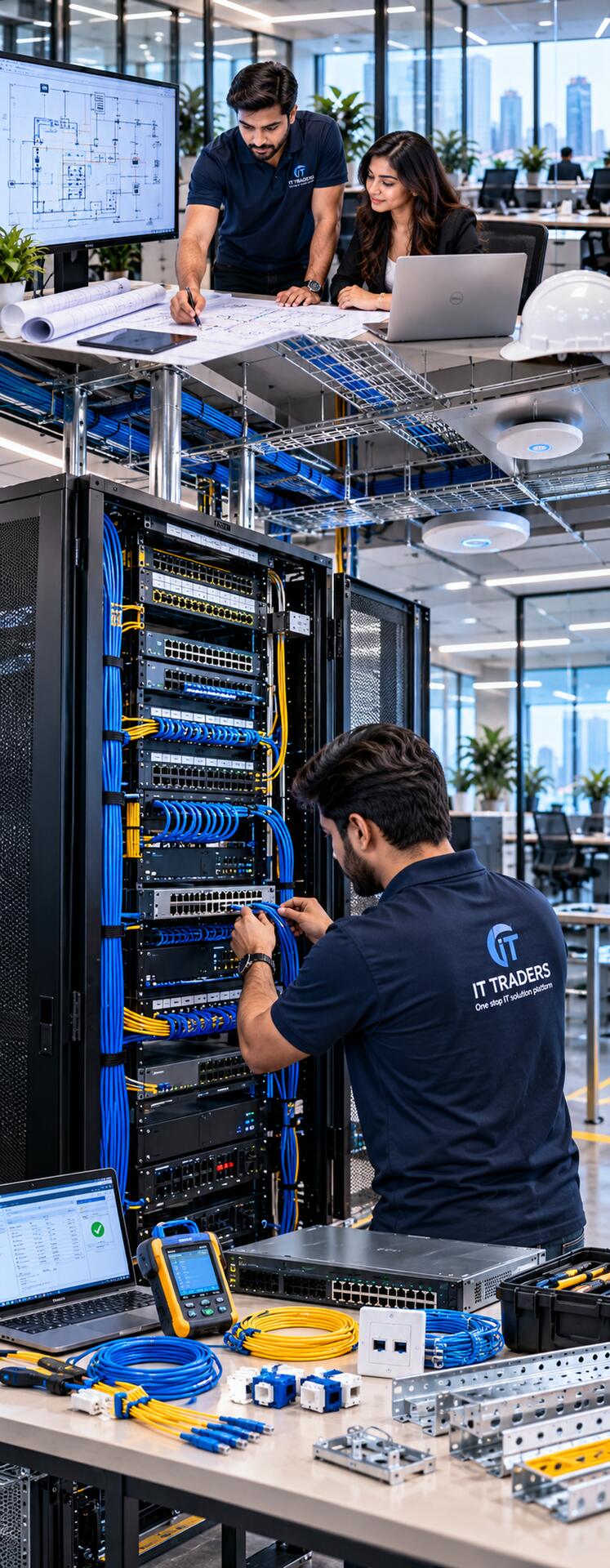 What IT Traders delivers: network design and structured cabling with racks, patch panels and Cat6 cabling