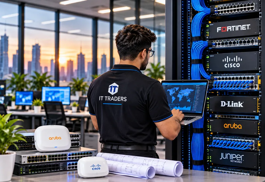 IT Traders network engineer at a rack of Fortinet, Cisco, D-Link, Aruba and Juniper equipment with Aruba access points