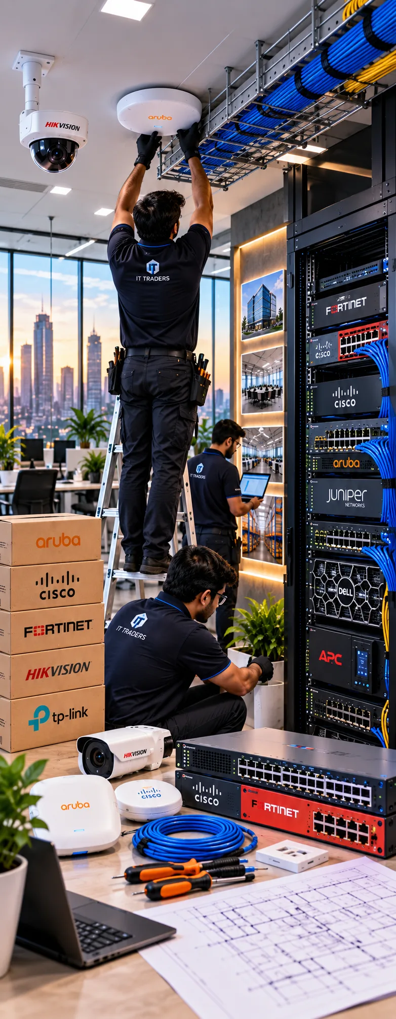 IT Traders engineers installing network switches, structured cabling and WiFi access points in a server rack