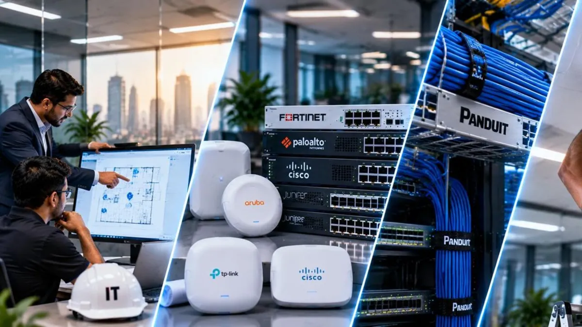 Network engineers planning a WiFi floor plan and installing Fortinet, Palo Alto, Cisco and Juniper appliances, Panduit structured cabling, Aruba access points, a Hikvision camera and a Dell and APC server rack