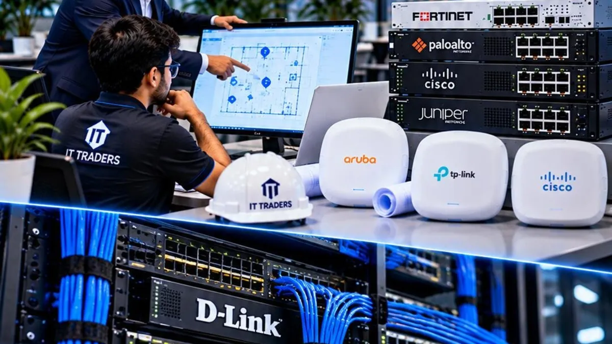 IT Traders engineers installing network switches, structured cabling and WiFi access points in a server rack