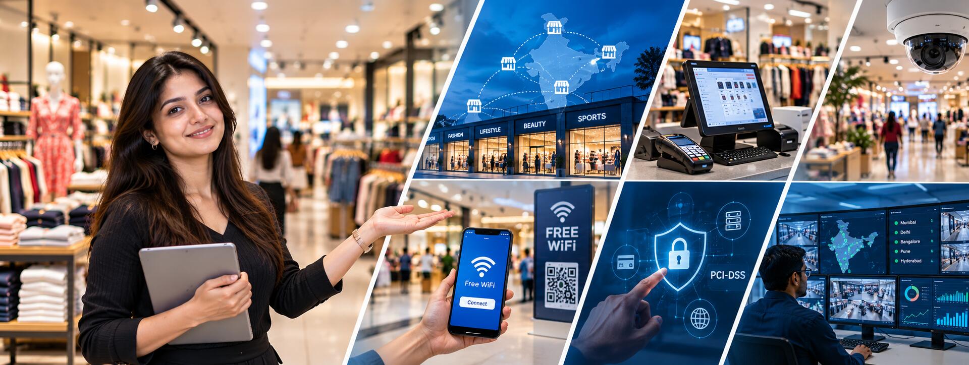 Retail store IT solutions collage with multi-branch SD-WAN, POS billing, store CCTV, guest WiFi and PCI-DSS security by IT Traders Pune