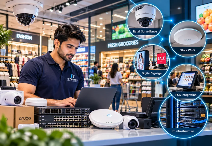 IT Traders engineer setting up retail store IT with CCTV surveillance, store WiFi, digital signage and POS integration