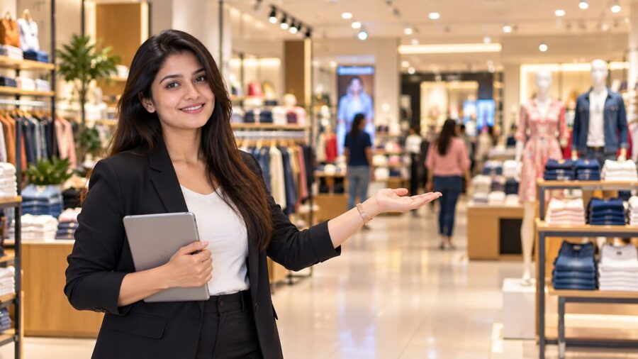 Retail store manager with a tablet in a modern fashion showroom, retail IT and POS solutions by IT Traders Pune