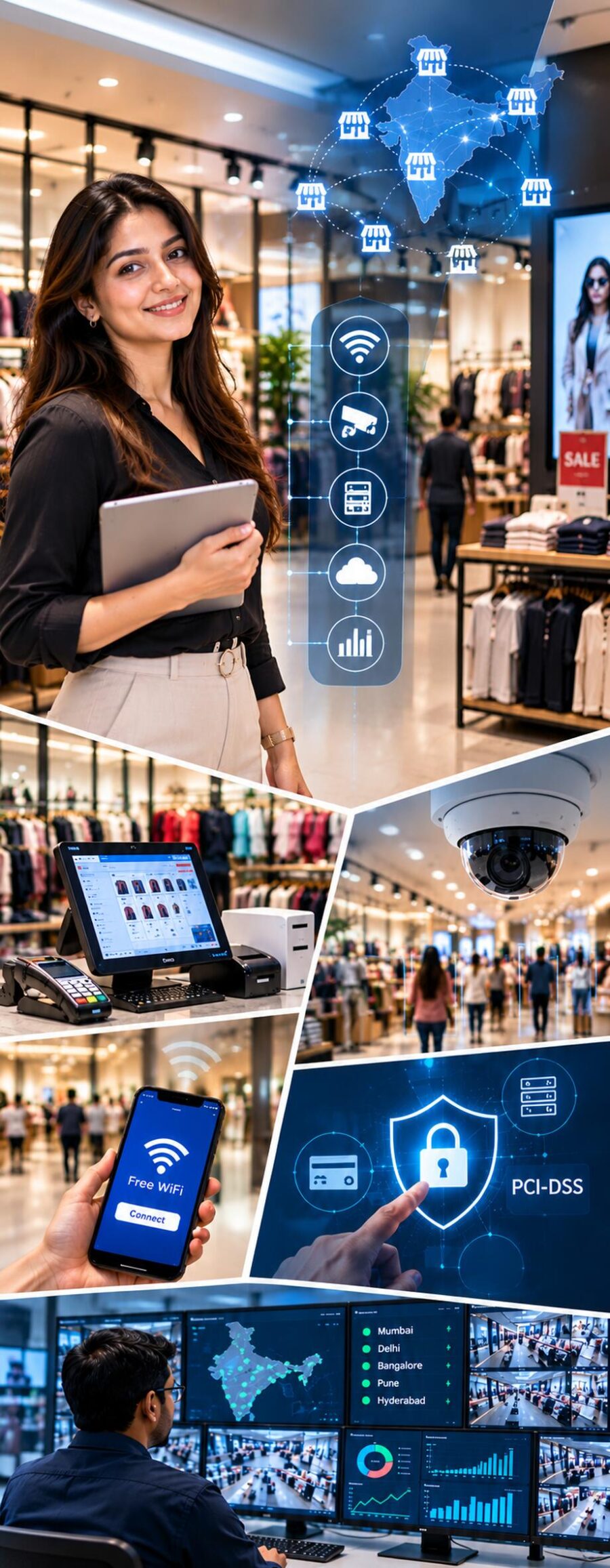 IT Traders engineer setting up retail store network, Aruba WiFi, CCTV cameras, POS integration and digital signage