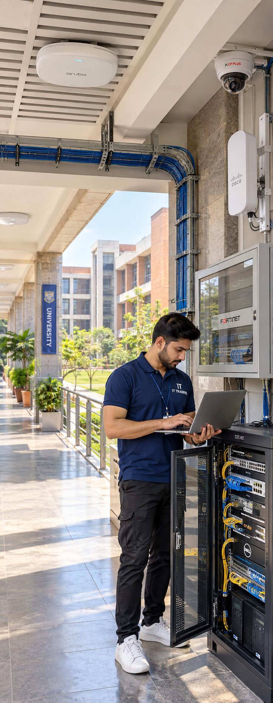 Campus IT engineer managing school network rack, smart classroom technology and computer lab
