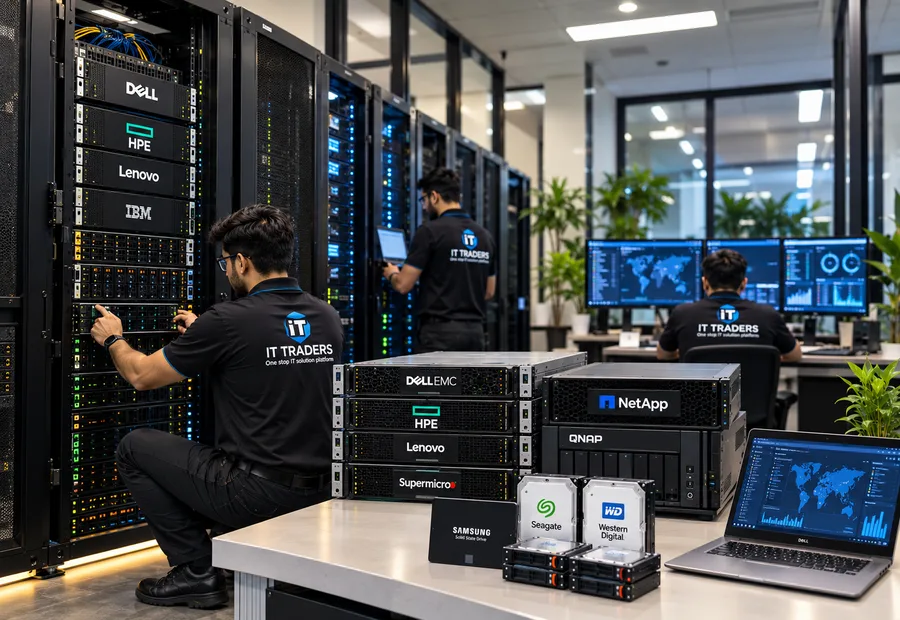 Rack servers and enterprise storage being installed in a data centre server room