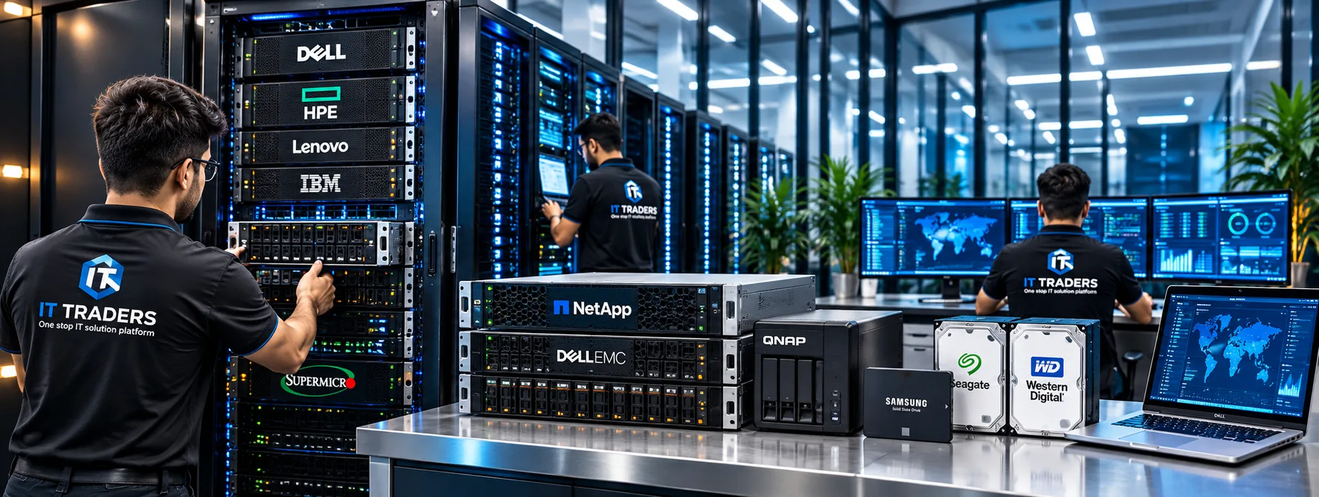 IT Traders engineers working on Dell, HPE, Lenovo, IBM and Supermicro servers with NetApp, Dell EMC and QNAP storage