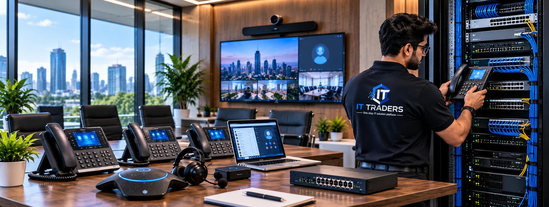 IT Traders business VoIP phone system with IP desk phones, conference speakerphone and PoE switch