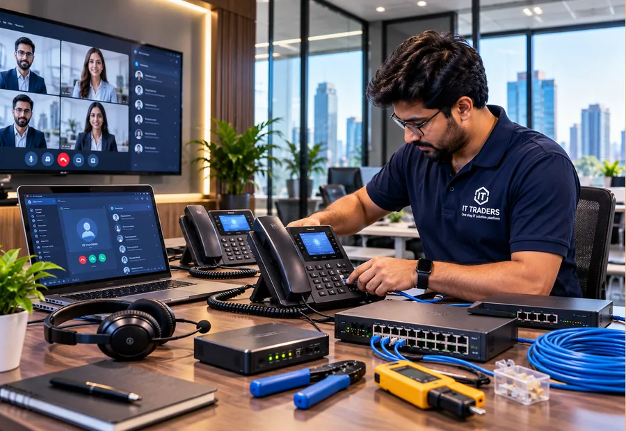 IT Traders engineer installing a VoIP IP phone system with PoE switch and video calling