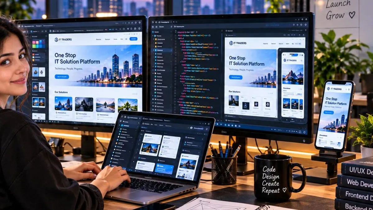 IT Traders website development services with responsive website design and code on screen