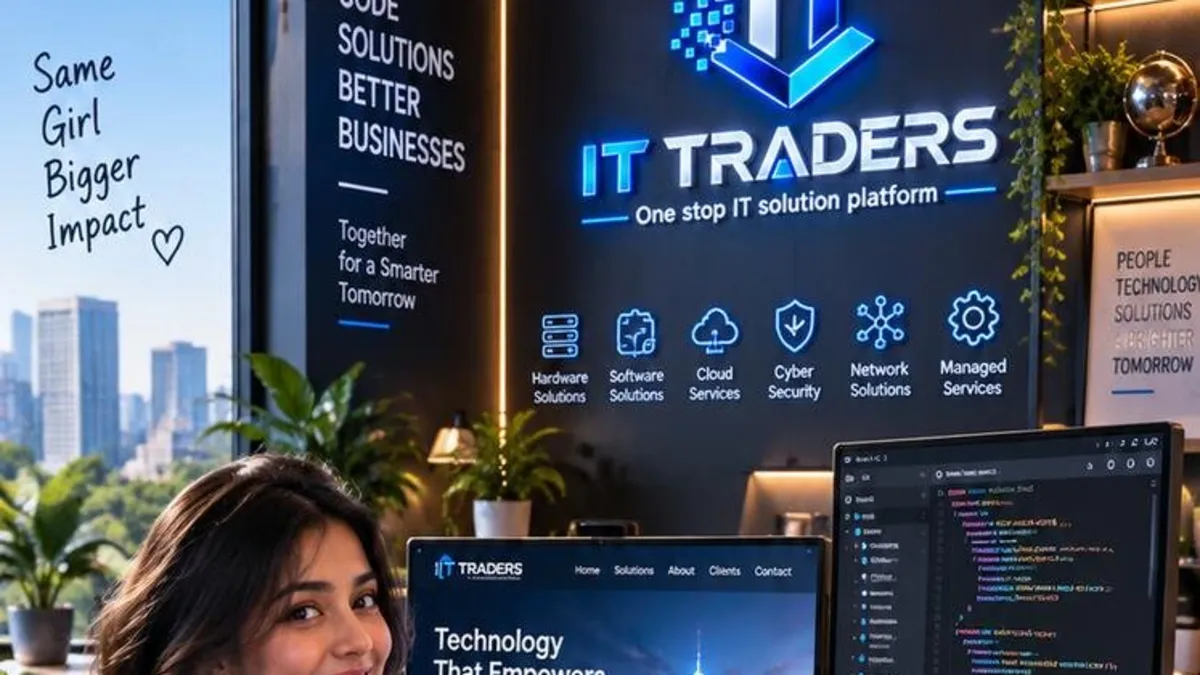 IT Traders website development team at work: web developer building a responsive business website with code on screen