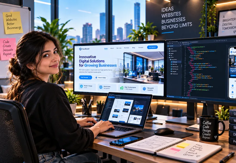 Web developer building a responsive business website with code and design on multiple screens