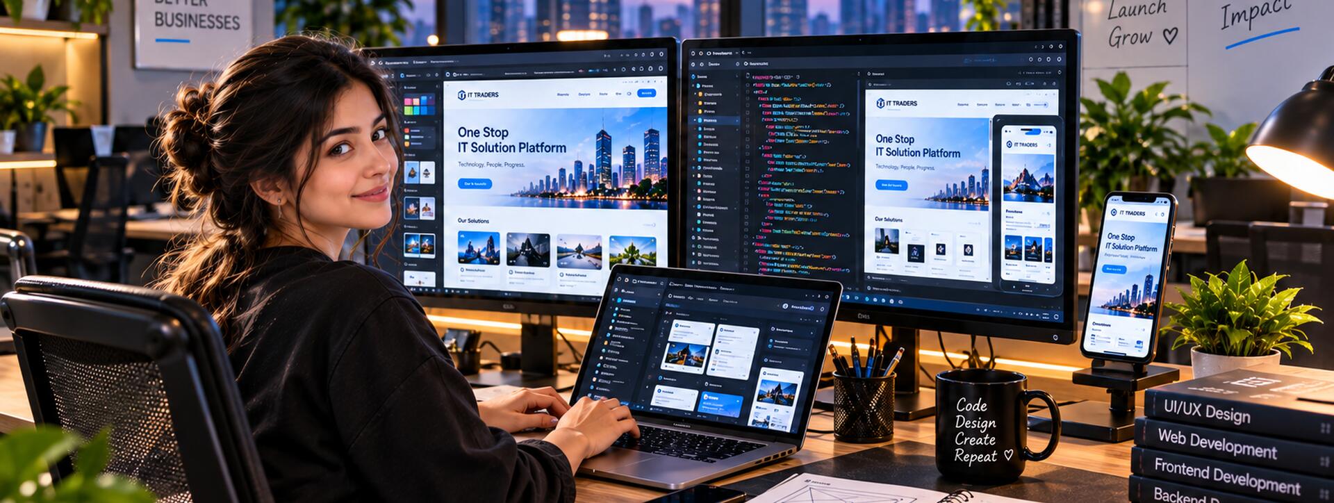 IT Traders website development services with responsive website design and code on screen